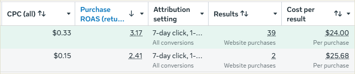 Meta Ads before: 3.17 purchase ROAS, $24 cost per purchase